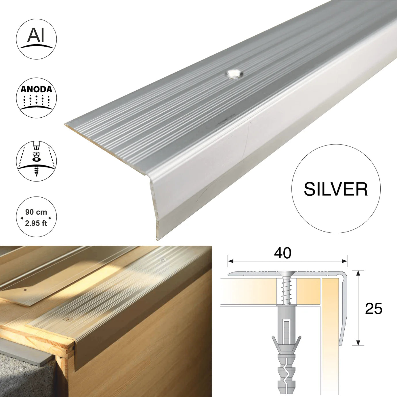 S05 40x 25mm Anodised Aluminium Non Slip Ribbed Treads Stair Nosing Edge Trim