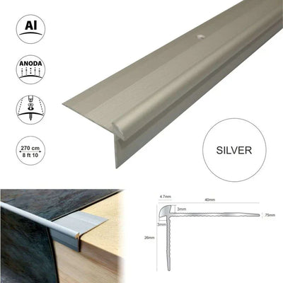 TVC 40 x 26mm Anodised Aluminium LVT Stair nosing Edge Profile For 3mm Flooring