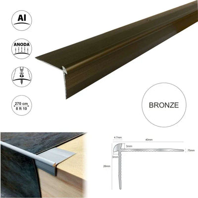 TVC 40 x 26mm Anodised Aluminium LVT Stair nosing Edge Profile For 3mm Flooring