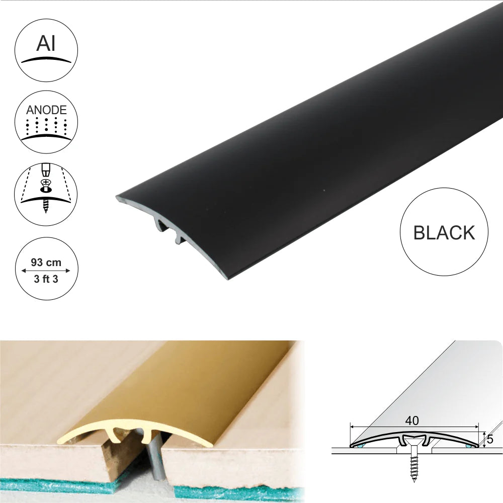 A64 40mm anodised aluminium door threshold strip installed between two floor surfaces in a UK home doorway. 2