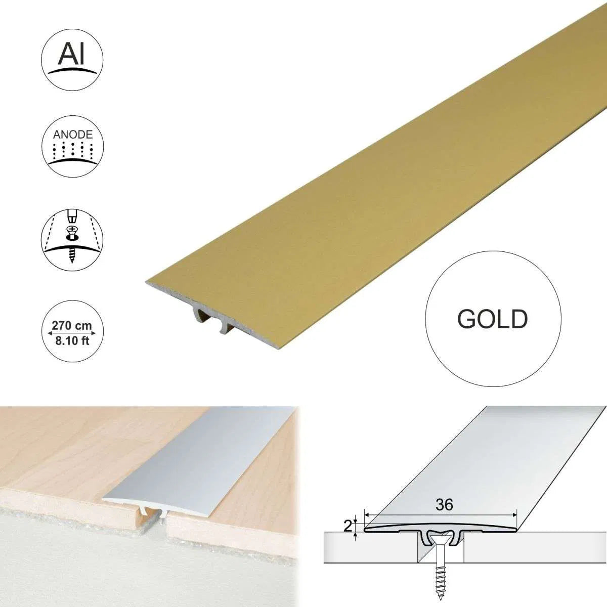 A68 36mm anodised aluminium flat door threshold strip for smooth and safe doorway floor transitions 5