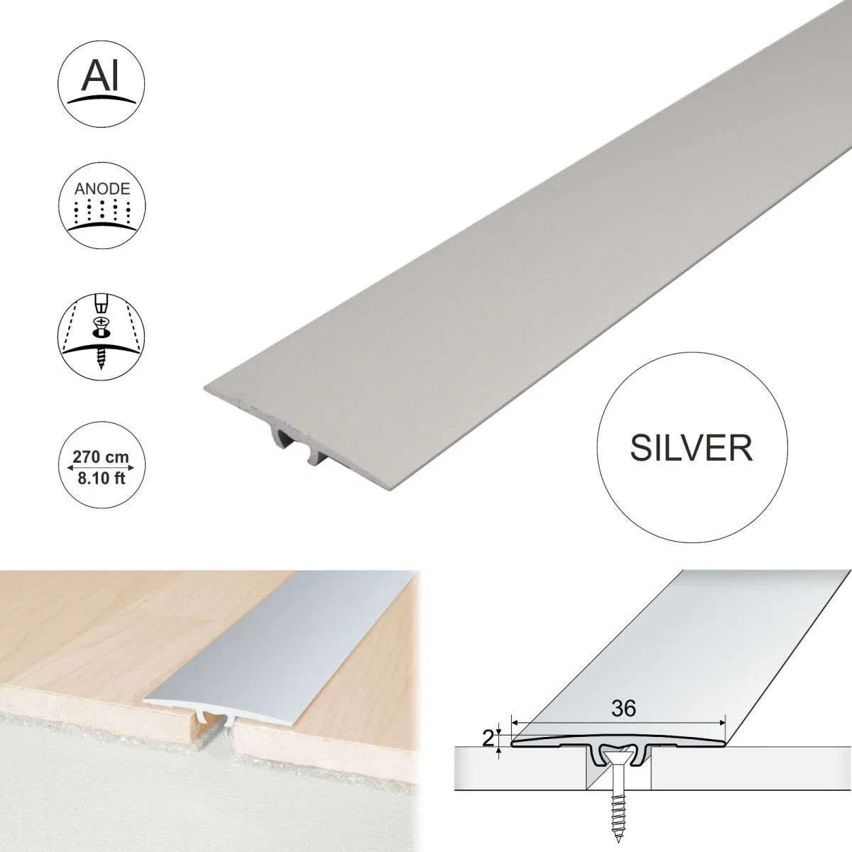 A68 36mm anodised aluminium flat door threshold strip for smooth and safe doorway floor transitions 7