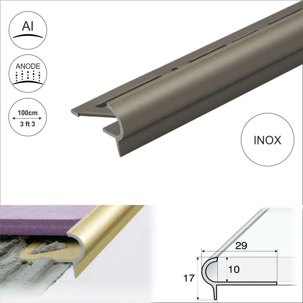 A80 29x17x10mm Aluminium Stair Nosing Edge Trim for Tiled Steps in UK Residential and Commercial Stairs Inox
