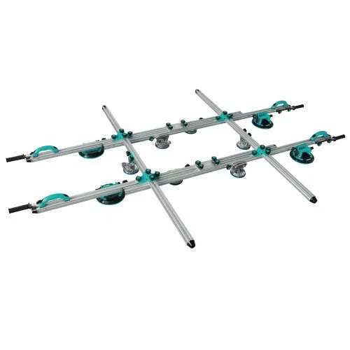 BIHUI large format lifting system supporting a large porcelain tile during installation on a construction site.