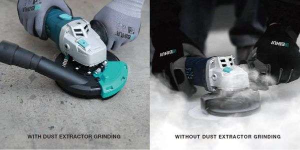 Bihui dust extraction system attached to a grinding wheel, capturing dust for safer and cleaner UK work environments. 4