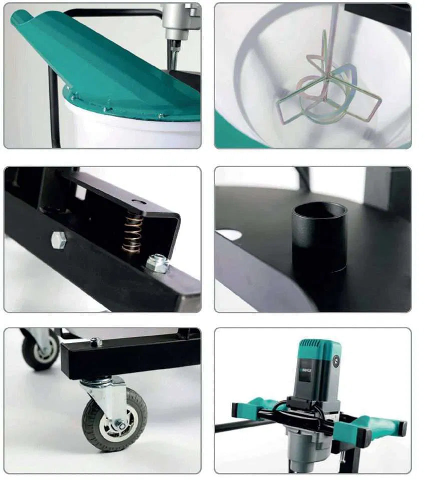 Levelling compound mixing station with mixer and paddle used to prepare self-moothing compound for floor installation. 1