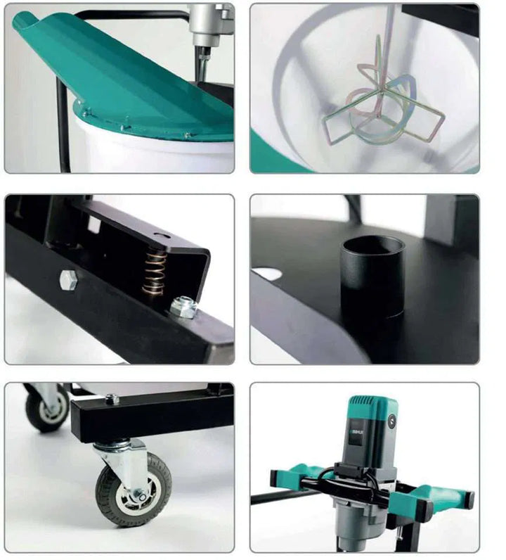 Levelling compound mixing station with mixer and paddle used to prepare self-moothing compound for floor installation. 1