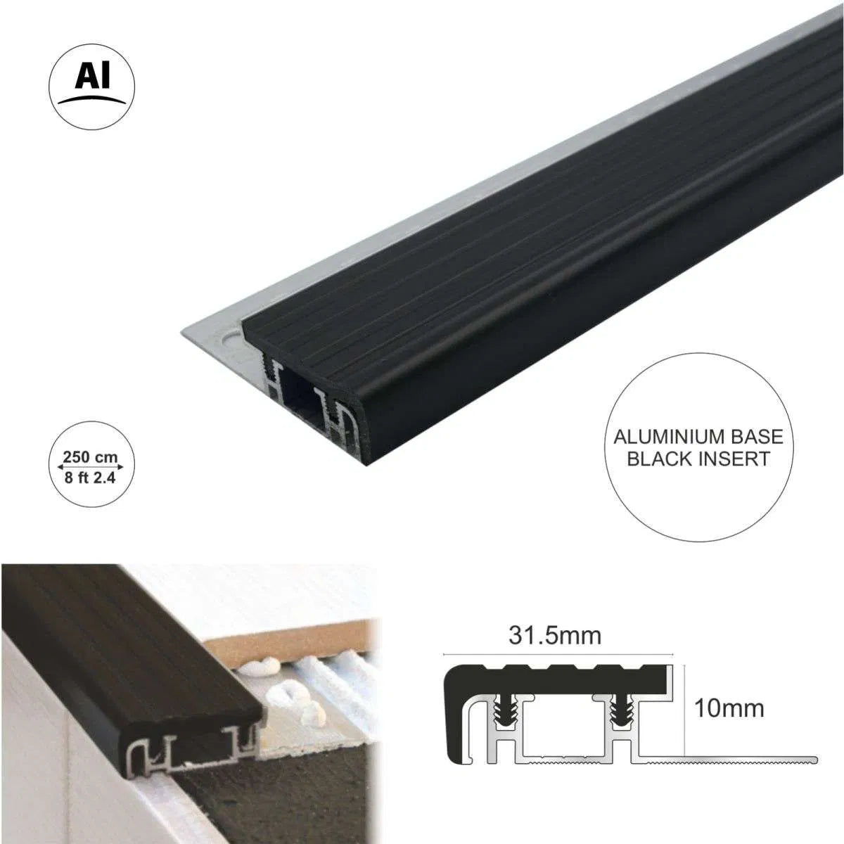 NIB Aluminium Stair Nosing Edge Trim for Tiled and Stone Steps in Residential and Commercial UK Stairs Black