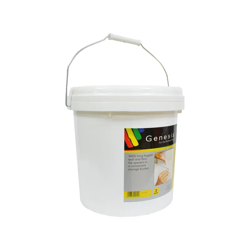 Bucket of 3mm long leg economy tile spacers used to create even grout lines during tiling.