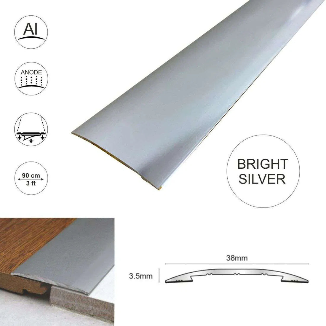 CAS 38mm Self-Adhesive Euro Cover Strip | Wood, Vinyl & Tile Threshold Trim Bright Silver