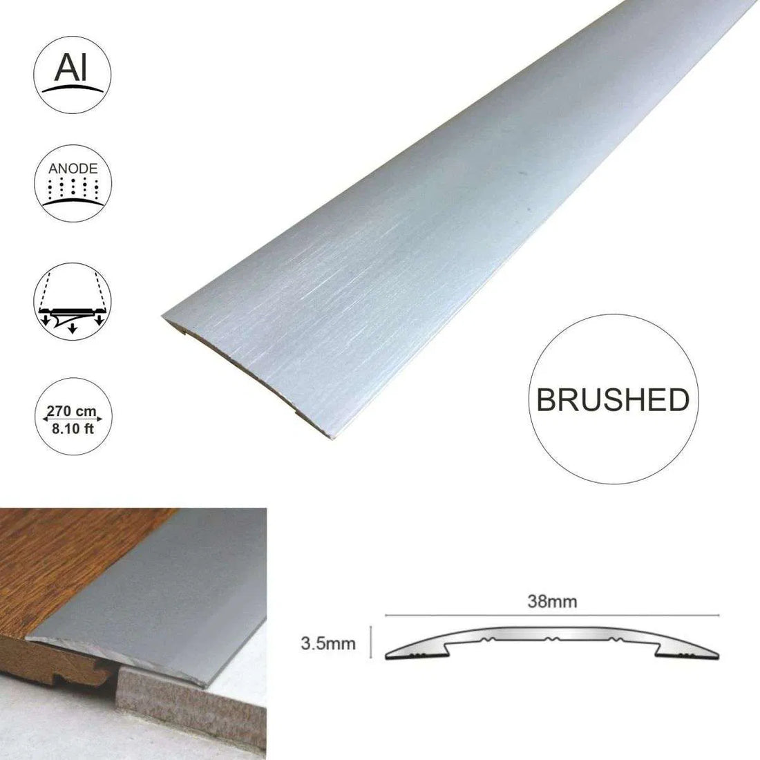 CAS 38mm Self-Adhesive Euro Cover Strip | Wood, Vinyl & Tile Threshold Trim Brushed