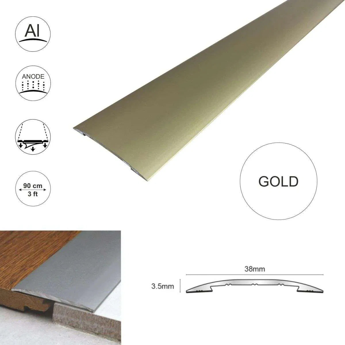 CAS 38mm Self-Adhesive Euro Cover Strip | Wood, Vinyl & Tile Threshold Trim Gold