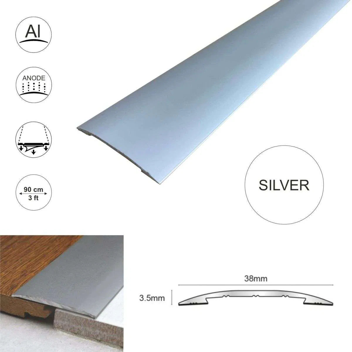 CAS 38mm Self-Adhesive Euro Cover Strip | Wood, Vinyl & Tile Threshold Trim Silver