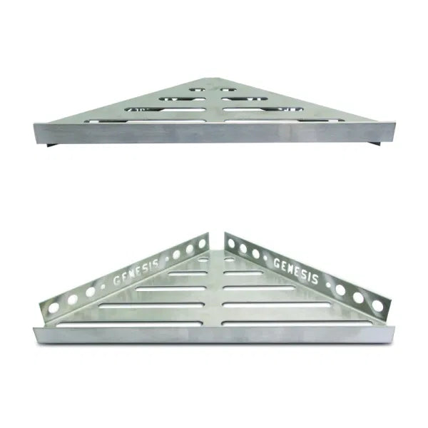 Stainless steel reversible shower shelf installed in a modern UK bathroom shower holding toiletries neatly. 2