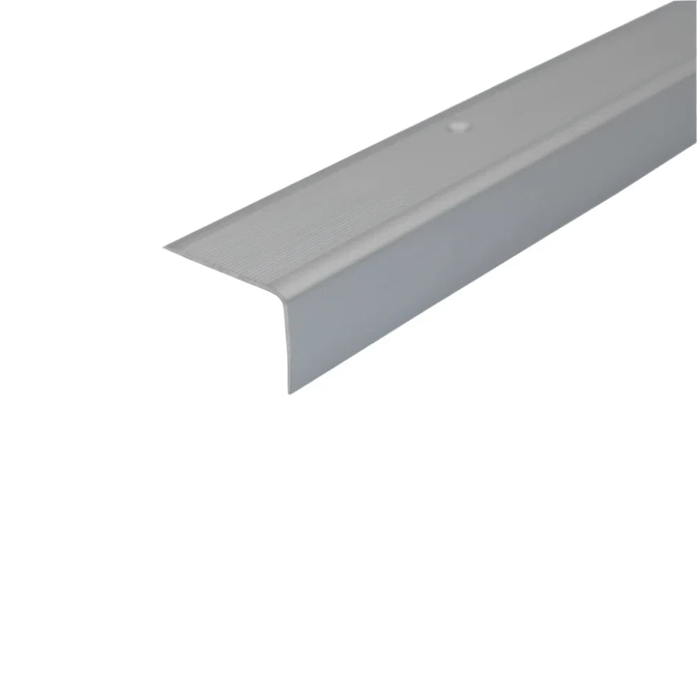 A42 41x26.6mm anodised aluminium non-slip ribbed stair nosing fitted to stairs for improved grip and edge protection. 6