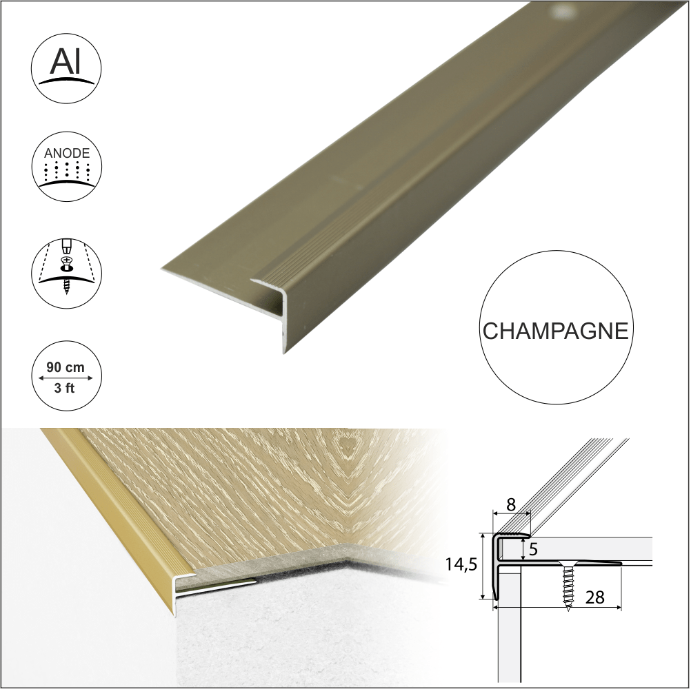 C24 28 x 14.5mm Anodised Aluminium LVT Stair nosing Edge Profile For 5mm Flooring