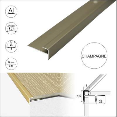 C24 28 x 14.5mm Anodised Aluminium LVT Stair nosing Edge Profile For 5mm Flooring
