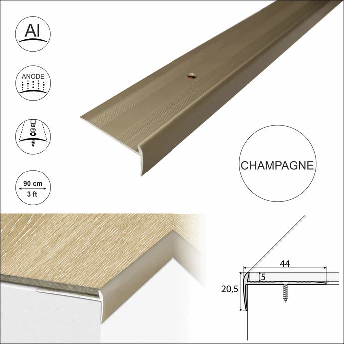 C27 44 x 20.5mm Anodised Aluminium LVT Stair nosing Edge Profile For 5mm Flooring