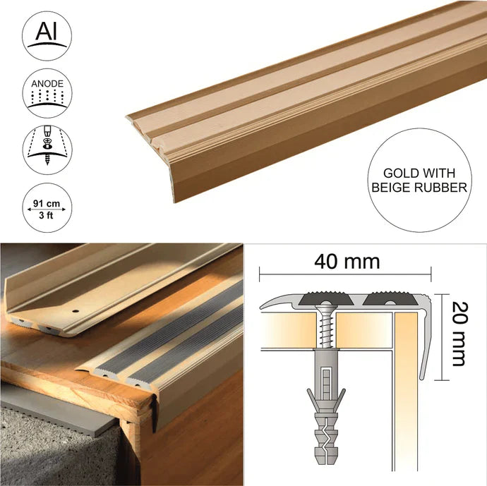 SA11 40 x 20mm Anodised Aluminium Non Slip Rubber Stair Nosing Edge Trim With Insert
