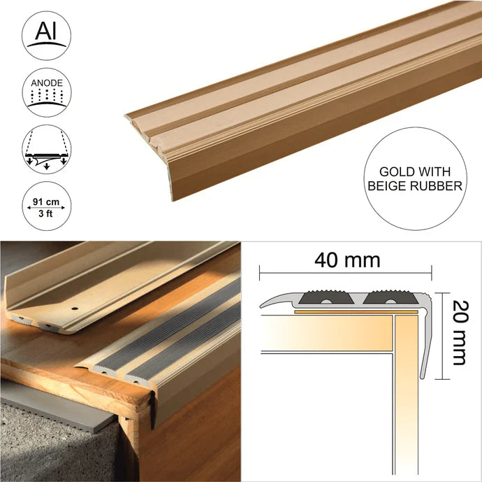 SA11 40 x 20mm Anodised Aluminium Self Adhesive Non Slip Rubber Stair Nosing Edge Trim With Insert