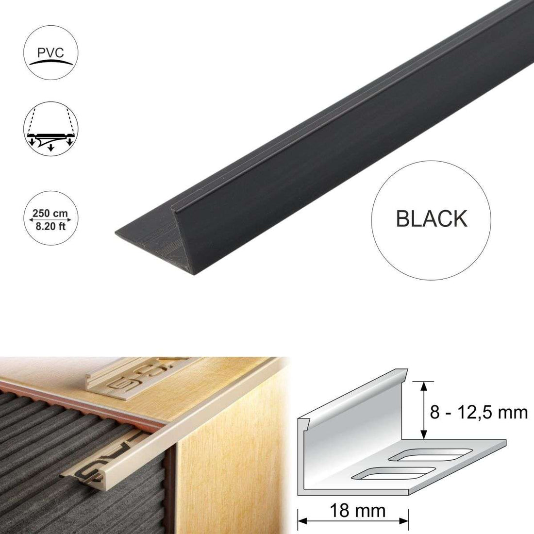 PVC Straight Edge L shaped Tile Trim 8,10,12.5mm Depth