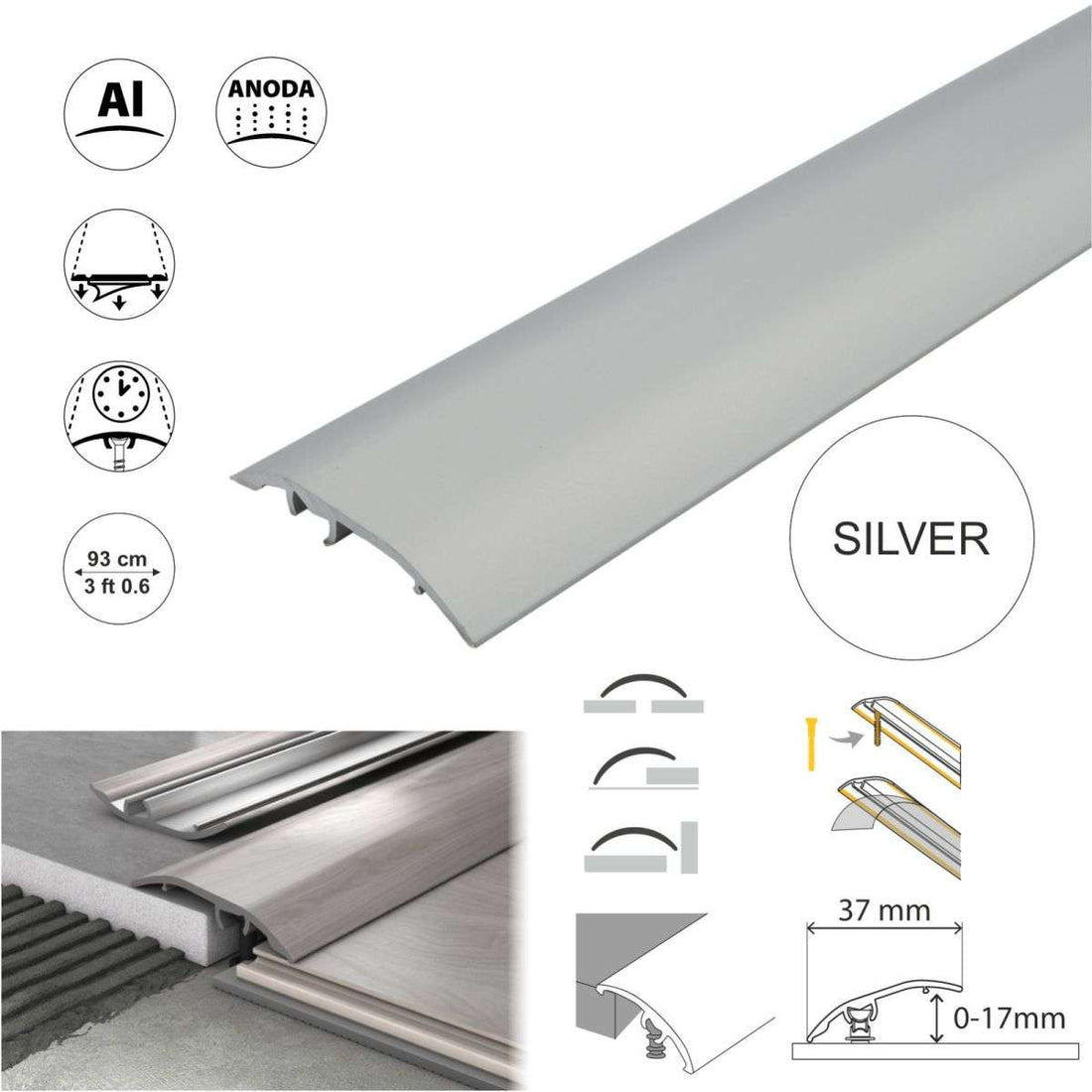 Aluminium Floor Edging Strip Door Threshold Adjustable for Smooth Floor Transitions S16