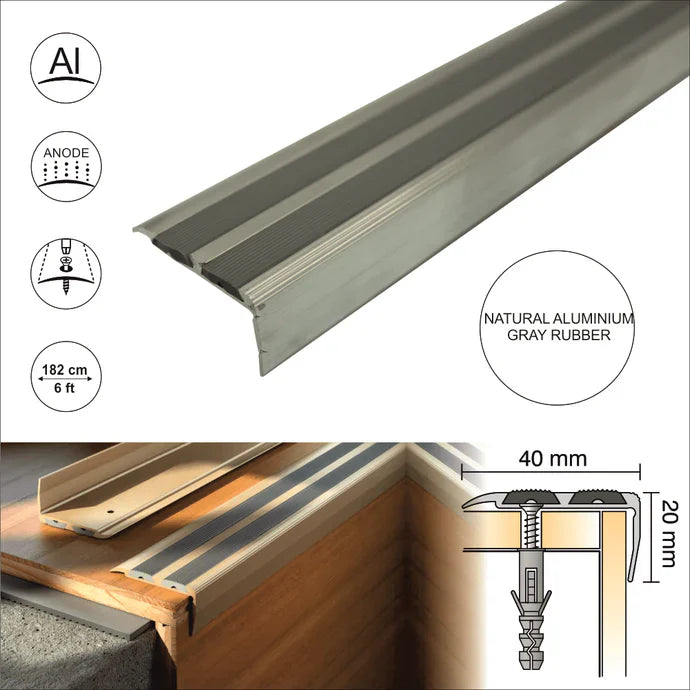 SA11 40 x 20mm Non Slip Rubber Aluminium Stair Nosing Edge Trim With Insert External Use