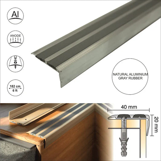 SA11 40 x 20mm Non Slip Rubber Aluminium Stair Nosing Edge Trim With Insert External Use