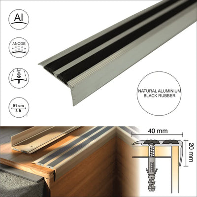 SA11 40 x 20mm Non Slip Rubber Aluminium Stair Nosing Edge Trim With Insert External Use