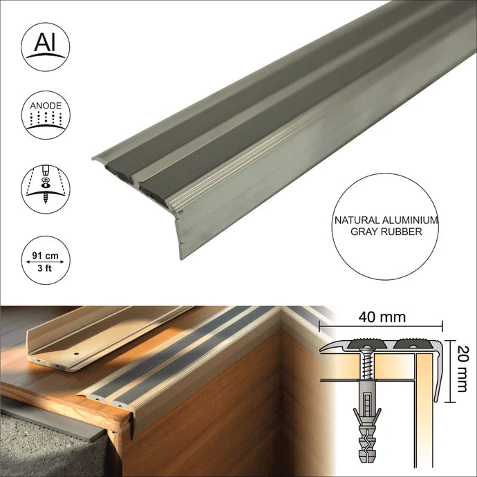 SA11 40 x 20mm Non Slip Rubber Aluminium Stair Nosing Edge Trim With Insert External Use